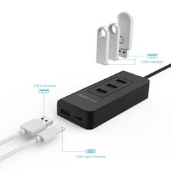 dodocool USB Type-C To SuperSpeed 4 Port USB 3.0 Hub With Input Charging Port Black  - Image 3