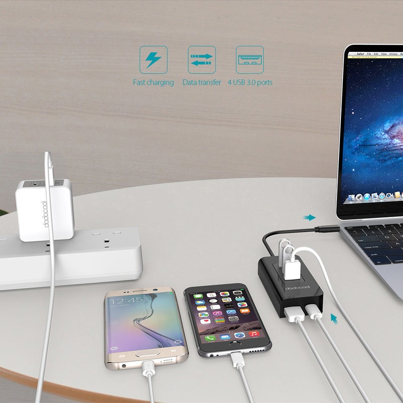 دودوكول موزع بمنفذ USB طراز C إلى USB 3.0 فائق السرعة ب4 منافذ مع مدخل الشاحن أسود  - Image 2