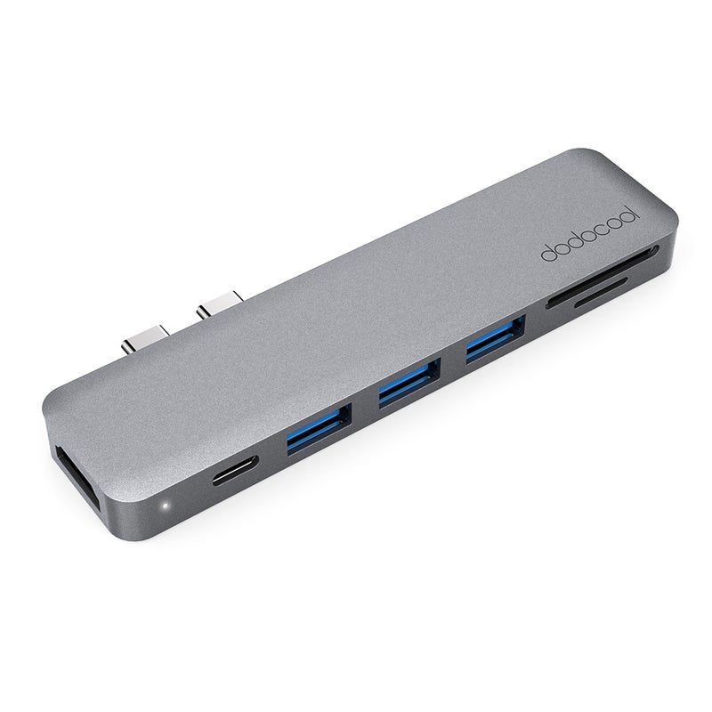 دودوكول موزع متعدد المنافذ 7 في 1  مع موصلات USB-C مزدوجة لعرض فيديو بجودة 4K وHD ومخرج لقراءة بطاقات SD/TF. رمادي  - Image 3