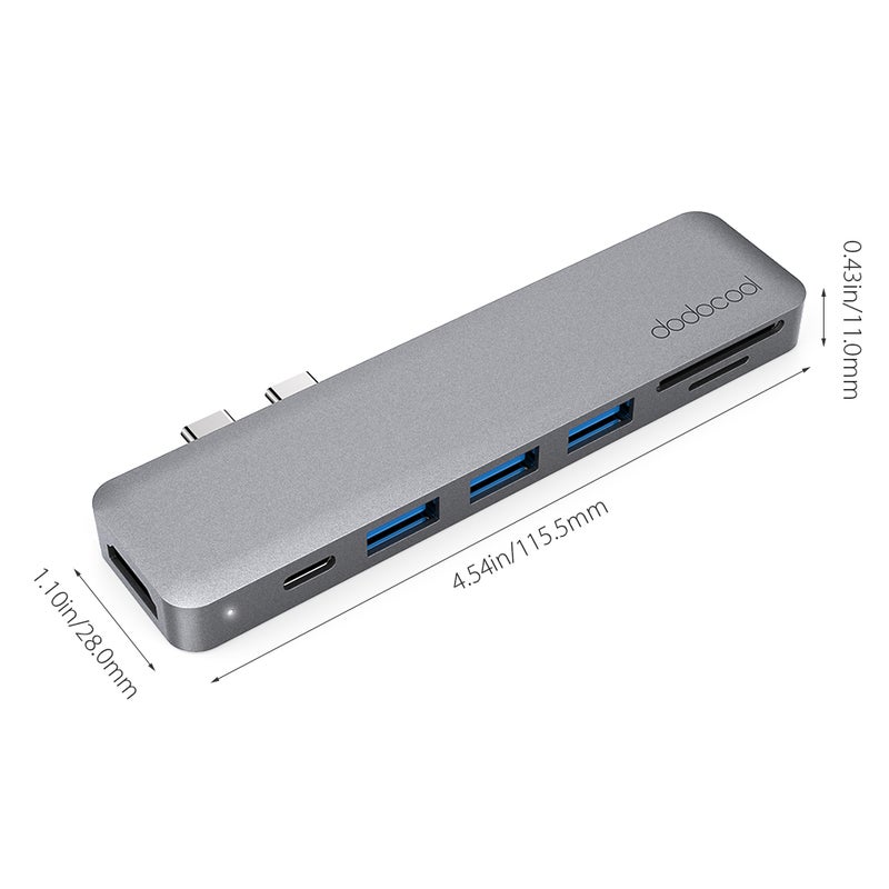 دودوكول موزع متعدد المنافذ 7 في 1  مع موصلات USB-C مزدوجة لعرض فيديو بجودة 4K وHD ومخرج لقراءة بطاقات SD/TF. رمادي  - Image 5