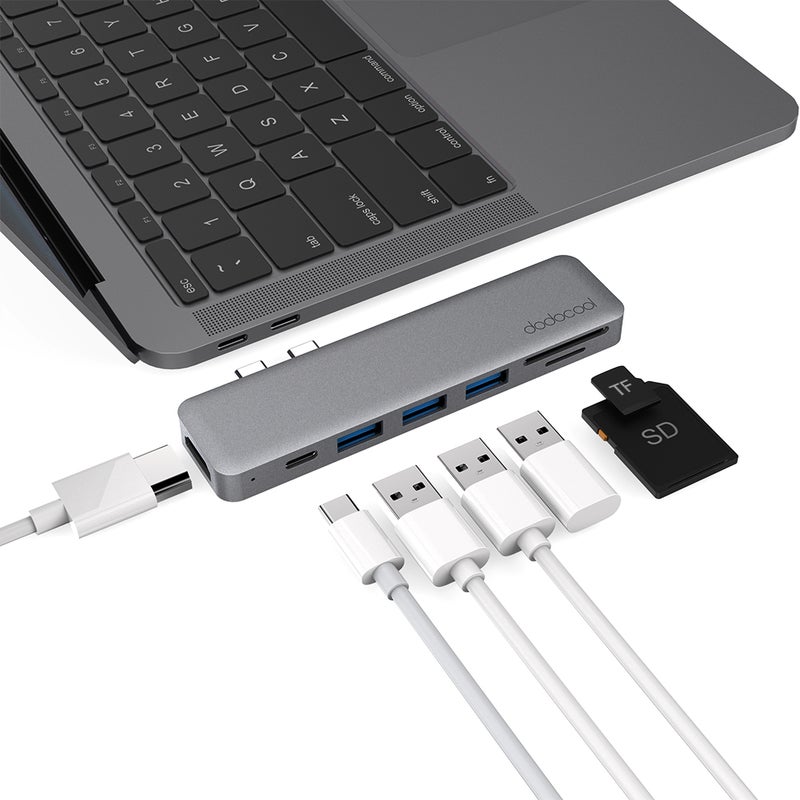 دودوكول - موزع متعدد المنافذ 7 في 1  مع موصلات USB-C مزدوجة لعرض فيديو بجودة 4K وHD ومخرج لقراءة بطاقات SD/TF. رمادي - Image 1