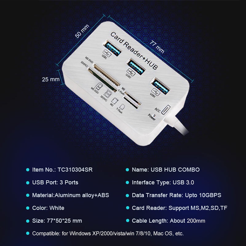 USB 3.0 Type C Hub Splitter 3 Ports Multiple SD/TF Multi-In-1 Memory Card Reader Adapter White  - Image 4