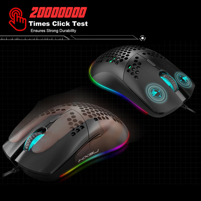HXSJ - J900 USB Wired Gaming Mouse RGB with Six Adjustable DPI Black - Image 1