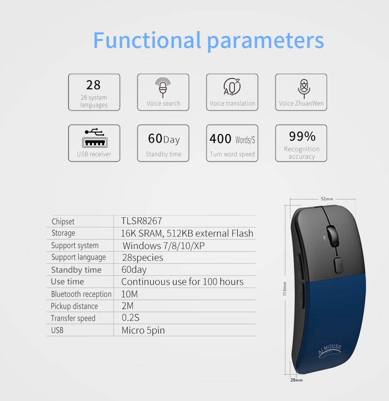 Generic - BM01 AI International Voice Mouse Wireless Translation Mice Multiple Languages Translator Voice Type Speech Grey - Image 1