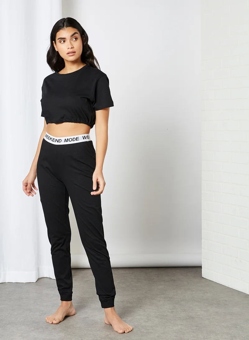 BRAVE SOUL Basic Plain Mid Rise Pyjama Set Black