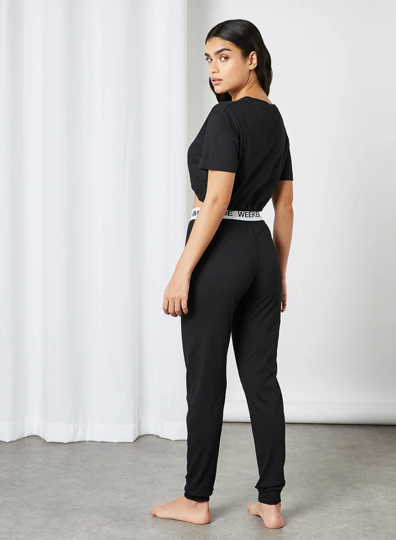 BRAVE SOUL Basic Plain Mid Rise Pyjama Set Black