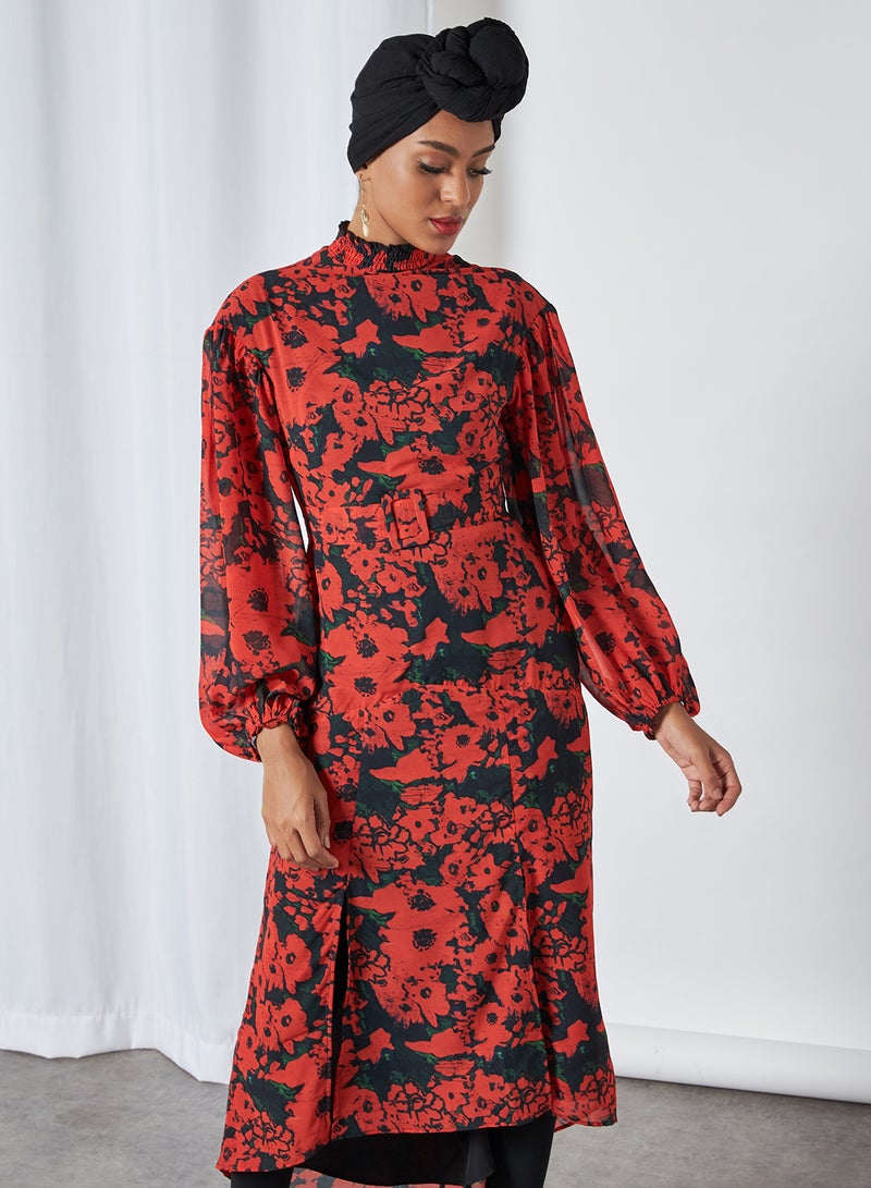 Dipped Hem Floral Dress Black and Red - v1605246834/N40425163V_1