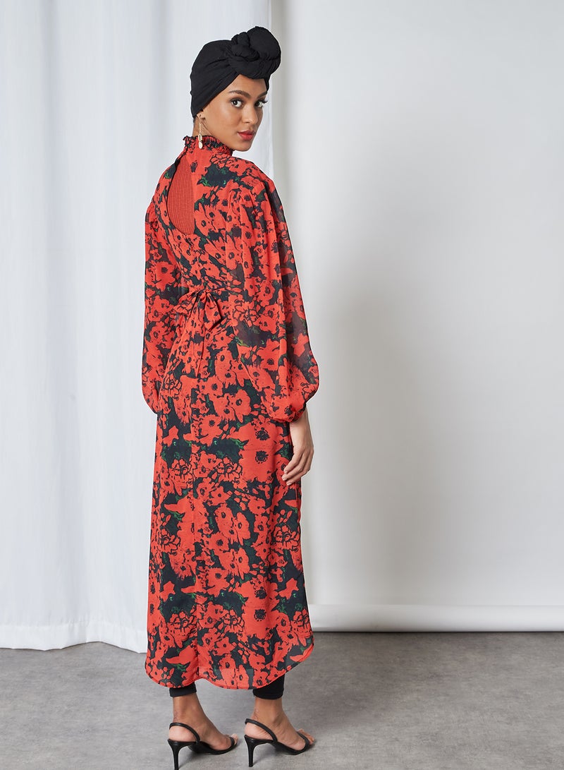 هوب اند ايفي فستان بنقشة زهور وحاشية مثنية أسود وأحمر - Image 2