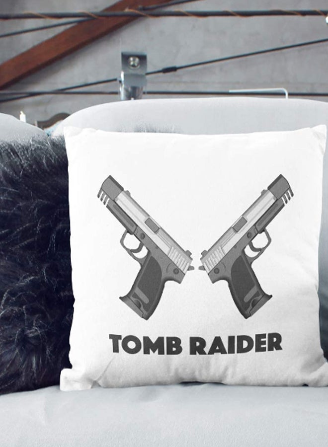 وسادة زينة للديكور مطبوع عليها عبارة "Guns Of Tomb Raider" أبيض/ أسود 16 x 16بوصة - Image 2