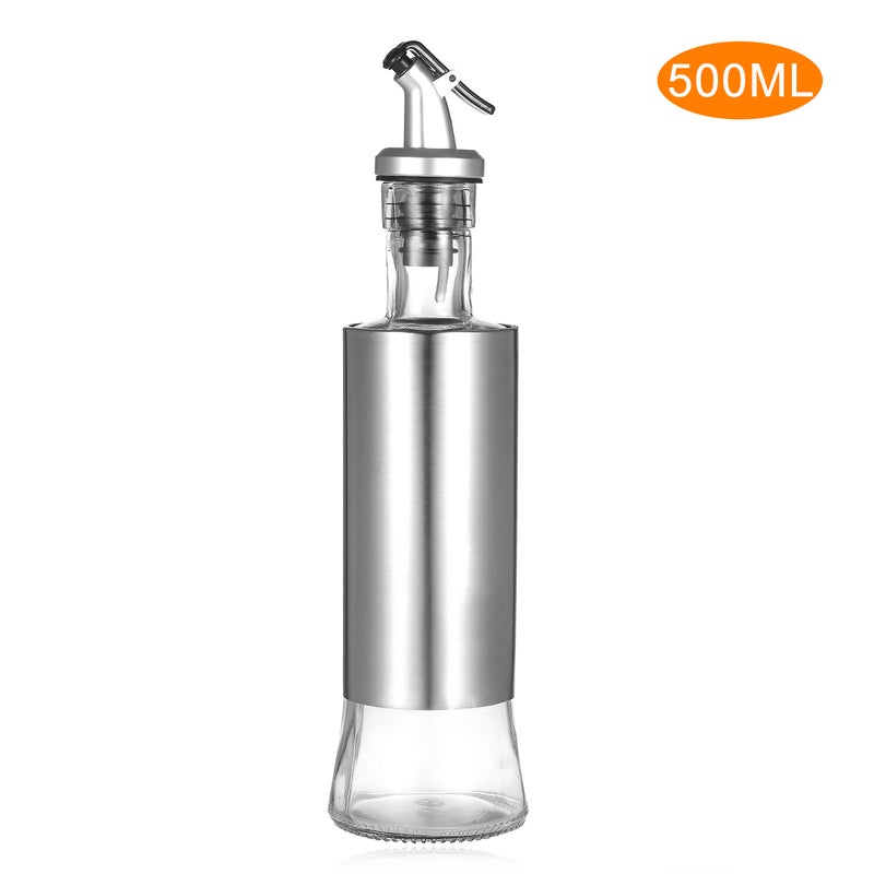 500ml / 17fl oz Stainless Steel Bottle Olive Oil Dispenser Glass With Pourer Drip-Free Spout Silver 30*9*9cm - Image 1