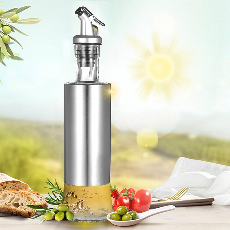 500ml / 17fl oz Stainless Steel Bottle Olive Oil Dispenser Glass With Pourer Drip-Free Spout Silver 30*9*9cm - Image 2