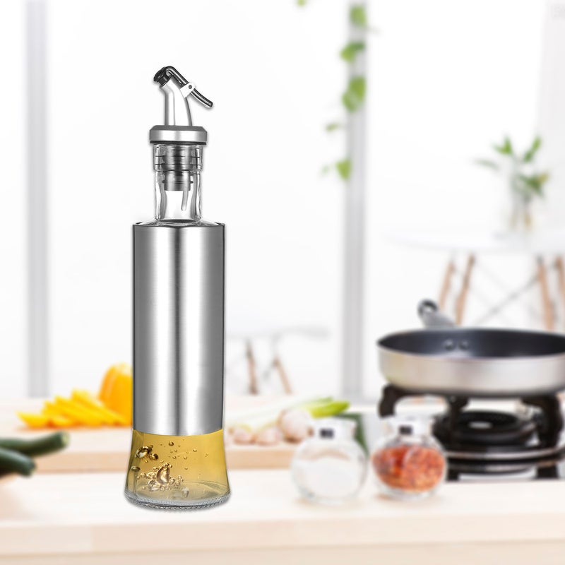 500ml / 17fl oz Stainless Steel Bottle Olive Oil Dispenser Glass With Pourer Drip-Free Spout Silver 30*9*9cm - Image 3