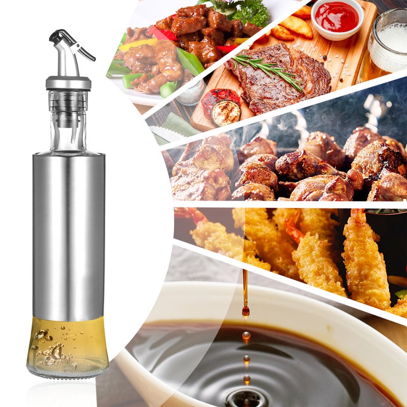 500ml / 17fl oz Stainless Steel Bottle Olive Oil Dispenser Glass With Pourer Drip-Free Spout Silver 30*9*9cm - Image 4