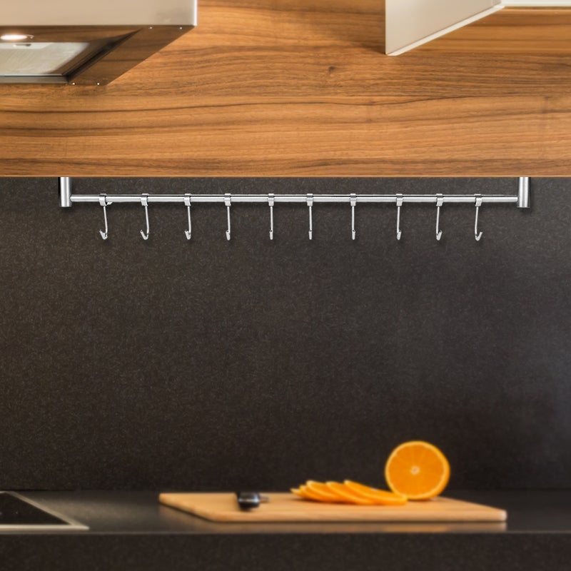 علاقة متعددة الأغراض مصنوعة من الستانلس ستيل 304، تثبت على الحائط، ومكونة من 10 خطافات قابلة للتحريك فضي 59*4*7سم - Image 2