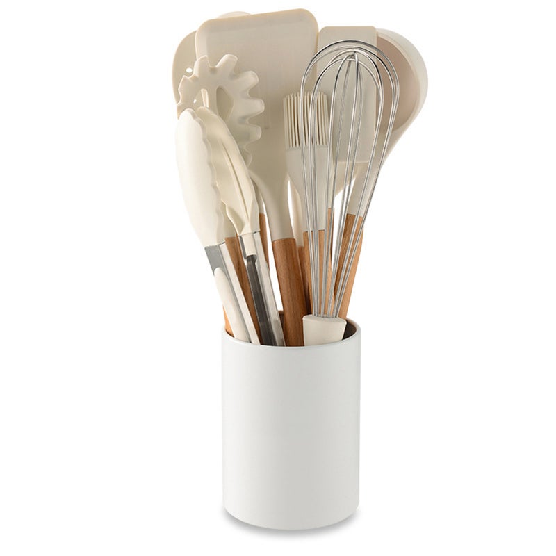 10-Piece Silicone Non-Stick Cooking Utensil Set With Wooden Handle White/Brown 34cm  - Image 2