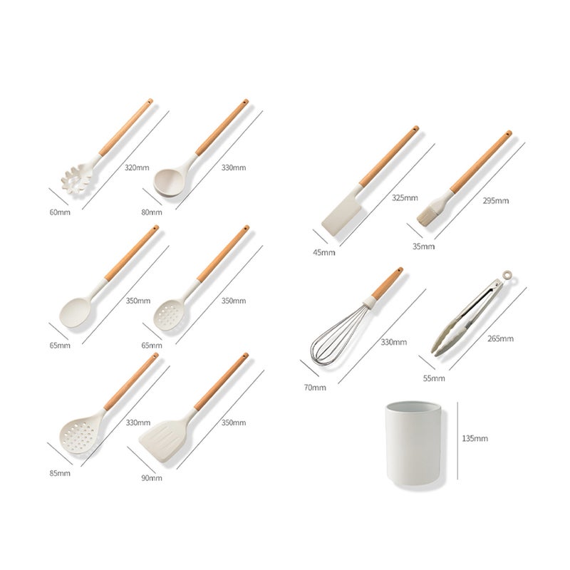 10-Piece Silicone Non-Stick Cooking Utensil Set With Wooden Handle White/Brown 34cm  - Image 3