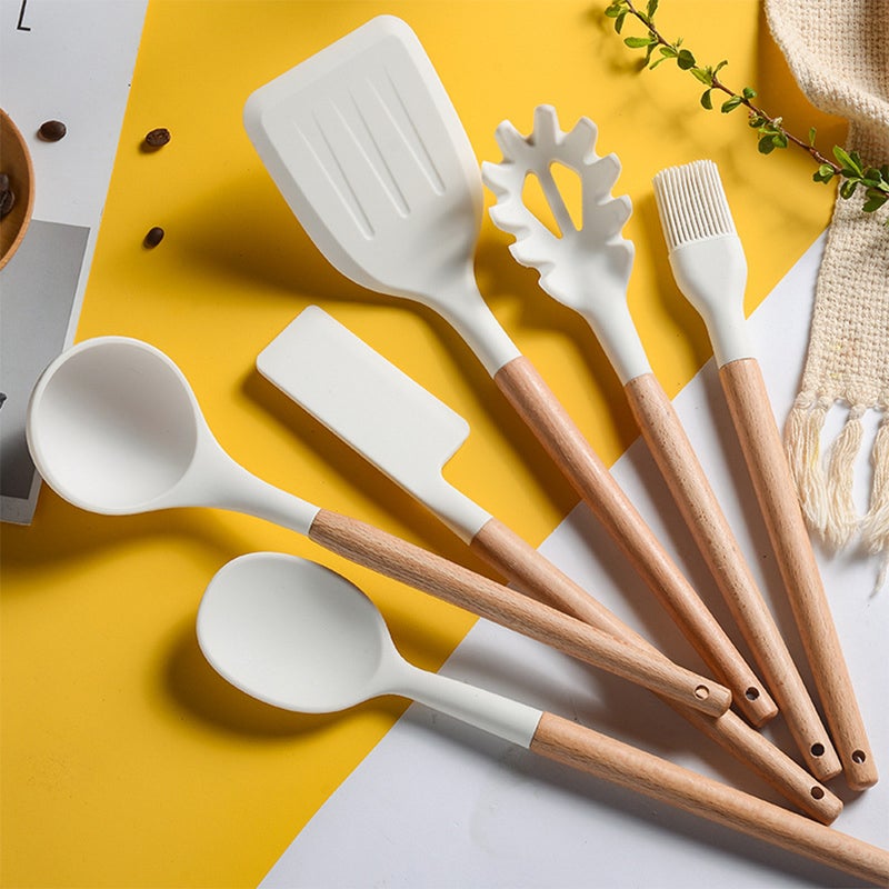 10-Piece Silicone Non-Stick Cooking Utensil Set With Wooden Handle White/Brown 34cm  - Image 5