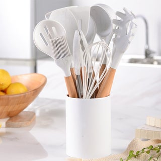 11-Piece Silicone Non-Stick Cooking Utensil Set With Wooden Handle White/Brown 34cm - v1605269771/N41401559A_1