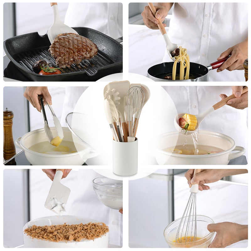 10-Piece Silicone Non-Stick Cooking Utensil Set With Wooden Handle White/Brown 34cm  - Image 4