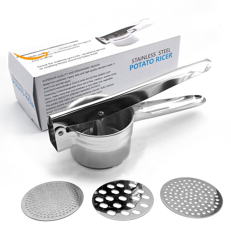 هراسة بطاطس يدويةٌ من الستانلس ستيل مع ثلاثة أقراص قابلة للتبديل فضي 29سم - Image 3