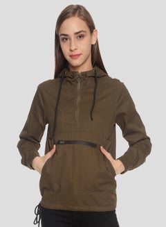 Campus Sutra Half Zip Front Pocket Hooded Neck Jackets Olive  - Image 2