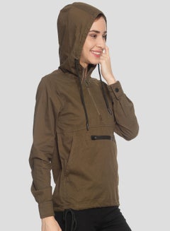 Campus Sutra Half Zip Front Pocket Hooded Neck Jackets Olive  - Image 3