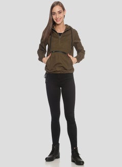 Campus Sutra Half Zip Front Pocket Hooded Neck Jackets Olive  - Image 1