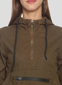 Campus Sutra Half Zip Front Pocket Hooded Neck Jackets Olive  - Image 5