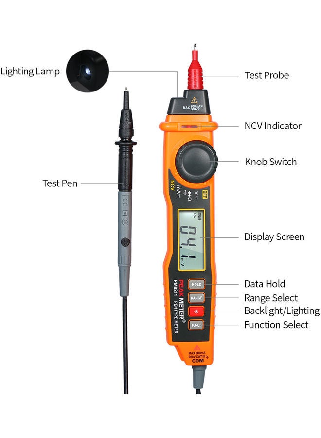 PEAKMETER Handheld Multimeter Backlight LCD Display Pen Type Digital Multimeter DC/AC Voltage Current Meter with NCV and Auto Ranging Resistance Diode Continuity Tester Black & Orange 25.0x8.5x5.5cm - Image 4