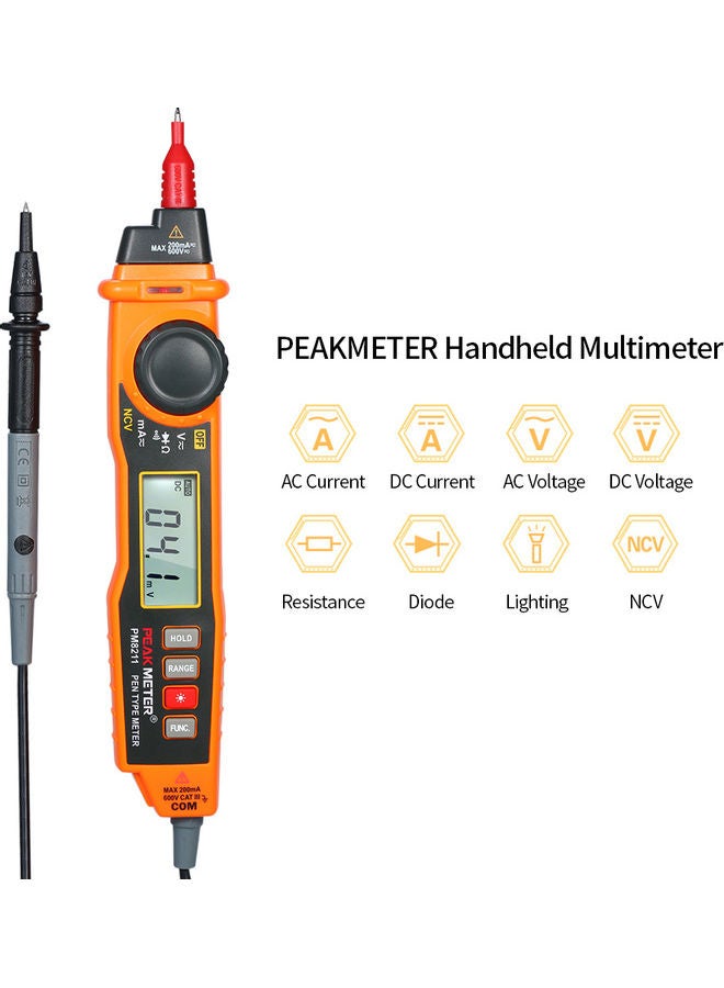PEAKMETER Handheld Multimeter Backlight LCD Display Pen Type Digital Multimeter DC/AC Voltage Current Meter with NCV and Auto Ranging Resistance Diode Continuity Tester Black & Orange 25.0x8.5x5.5cm - Image 5