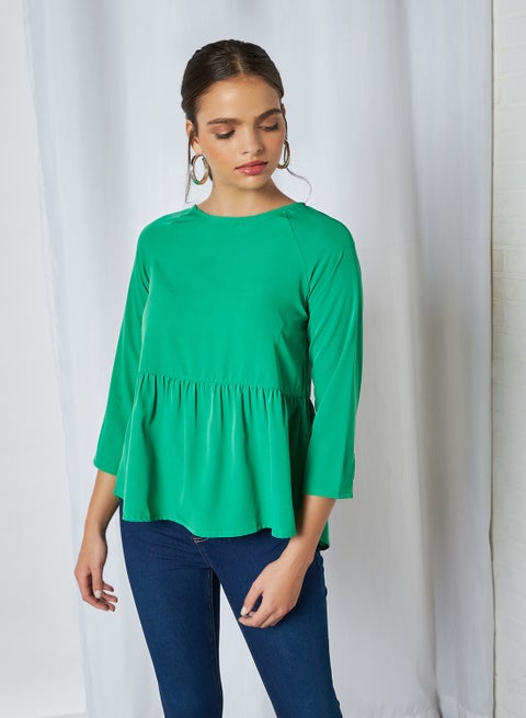 بلوزة بفتحة رقبة مستديرة لون سادة أخضر