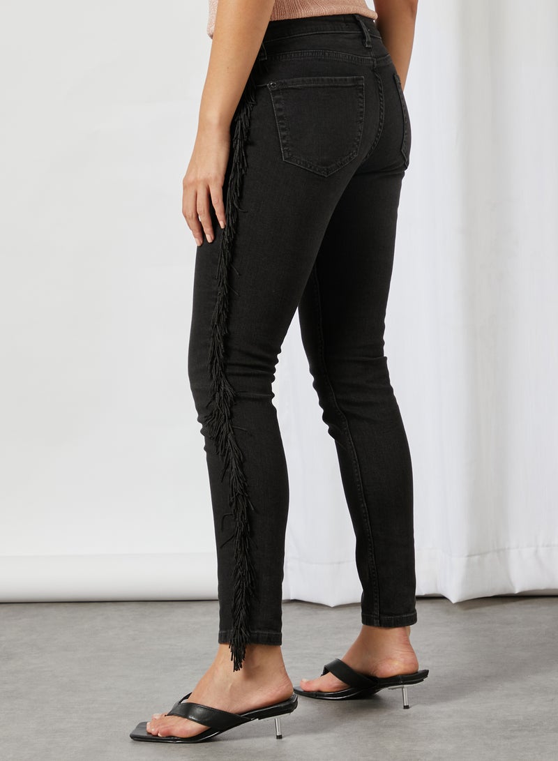 MANGO - Fringed Side Skinny Jeans Black - Image 1