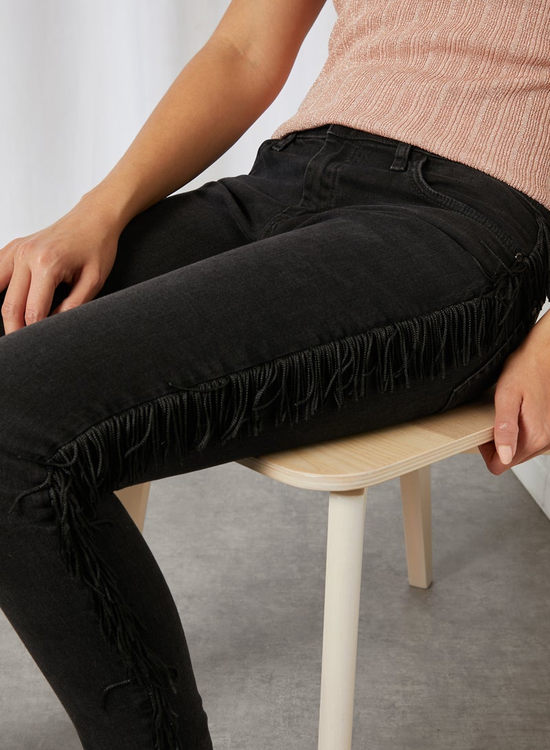 MANGO - Fringed Side Skinny Jeans Black - Image 1