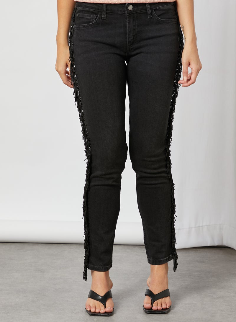 MANGO - Fringed Side Skinny Jeans Black - Image 1