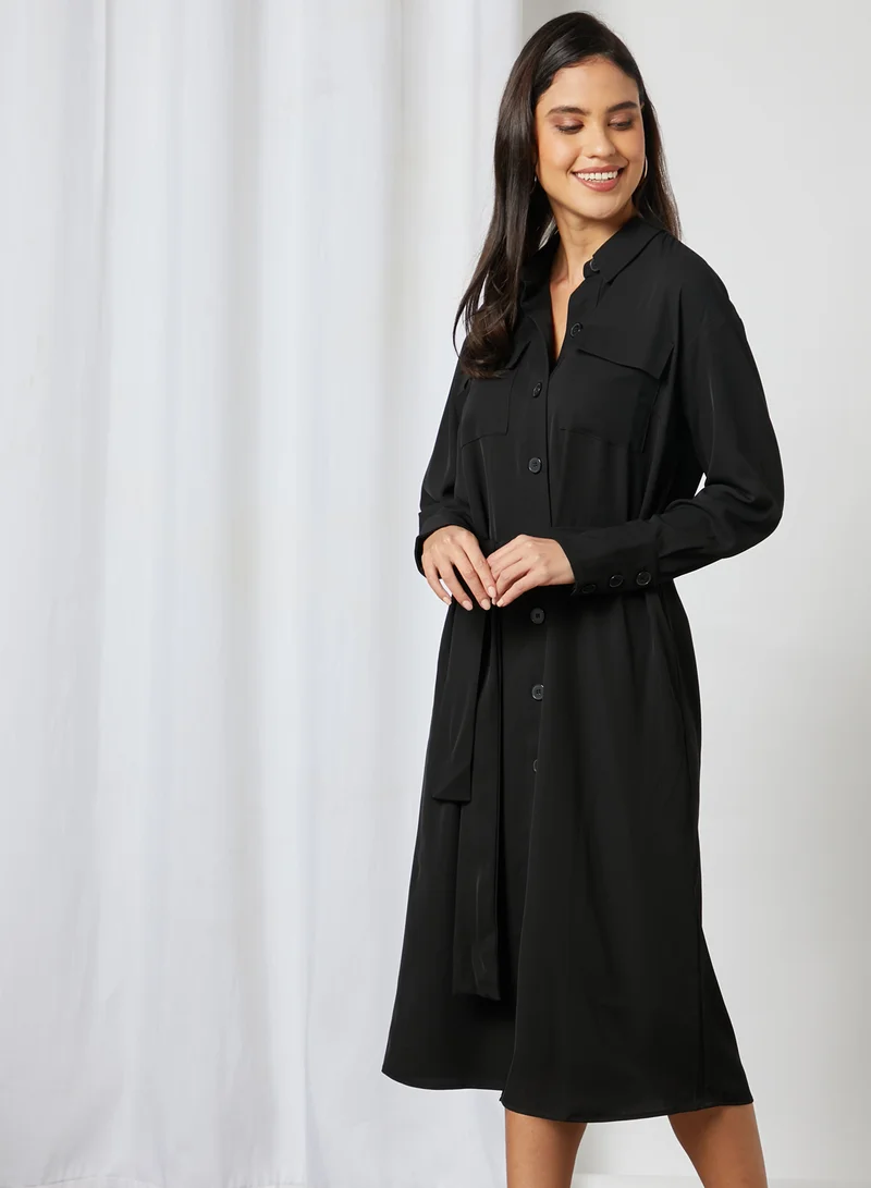 Y.A.S Waist Tie Shirt Dress Black