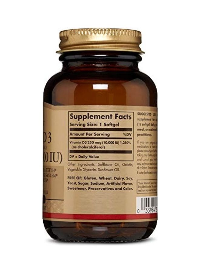 Solgar - Vitamin D3 Cholecalciferol 250 Mcg 10000 IU Dietary Supplement - 120 SOFTGELS - Image 1