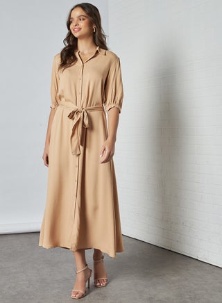 Basic Plain Collared Neck Midi Dress Beige - v1605508227/N40640312V_1