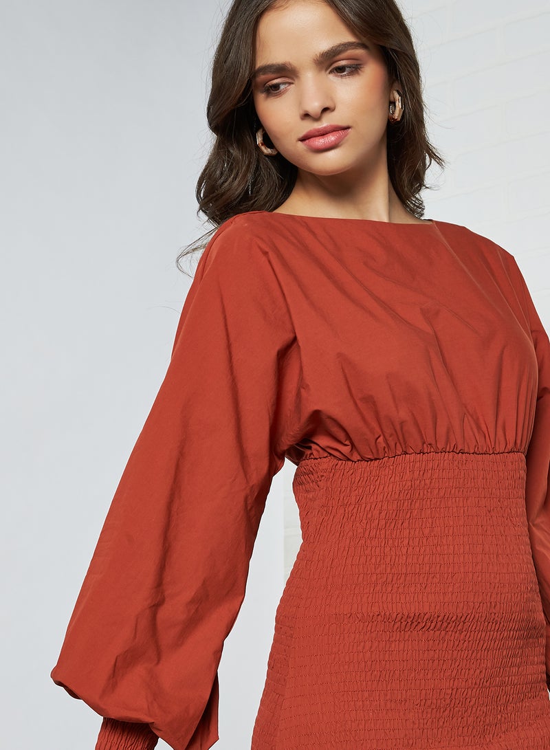 NA-KD - Basic Plain Boat Neck Mini Dress Terracotta - Image 1