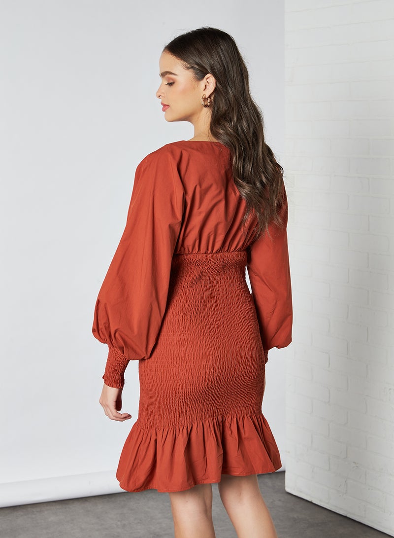 NA-KD - Basic Plain Boat Neck Mini Dress Terracotta - Image 1