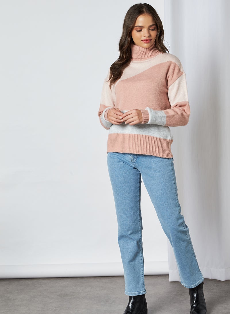 NA-KD - Split Colour Turtle Neck Sweater Light Pink - Image 1