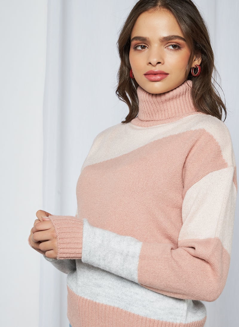 NA-KD - Split Colour Turtle Neck Sweater Light Pink - Image 1
