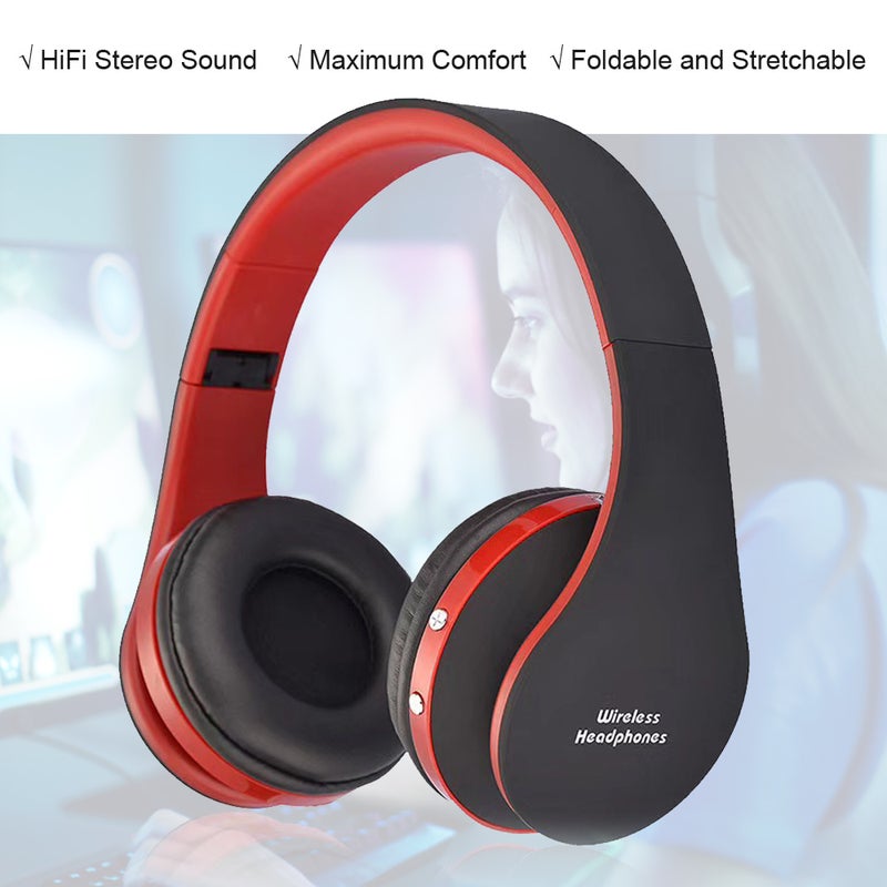 Bluetooth Foldable Wireless And Wired Over-Ear Headphones With Microphone Black Red - Image 2