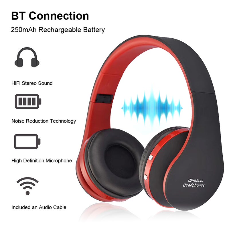 Bluetooth Foldable Wireless And Wired Over-Ear Headphones With Microphone Black Red - Image 3