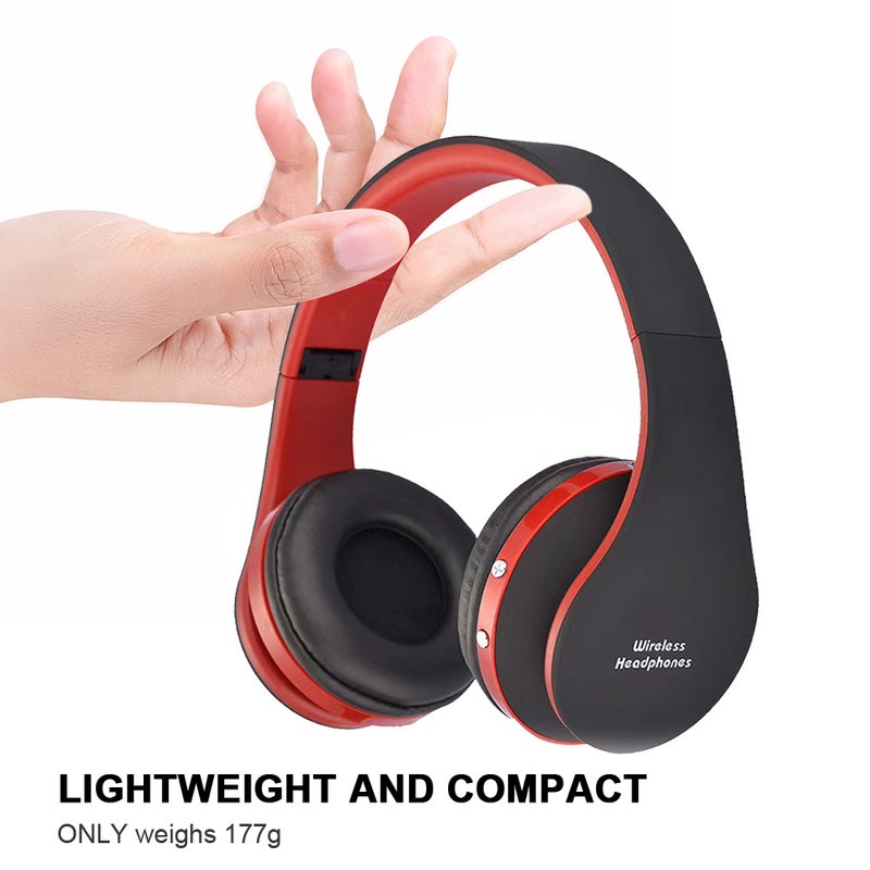 Bluetooth Foldable Wireless And Wired Over-Ear Headphones With Microphone Black Red - Image 4