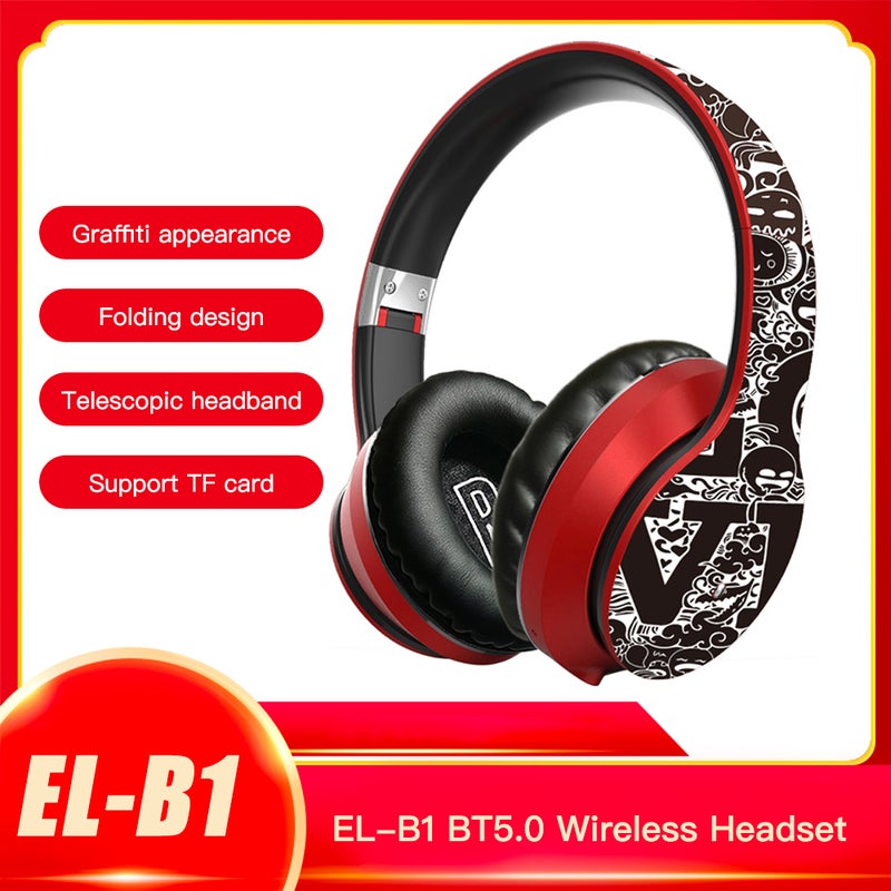 Generic - EL-B1 BT5.0 Wireless Graffiti Folding On-Ear Headphones Black / Red - Image 1