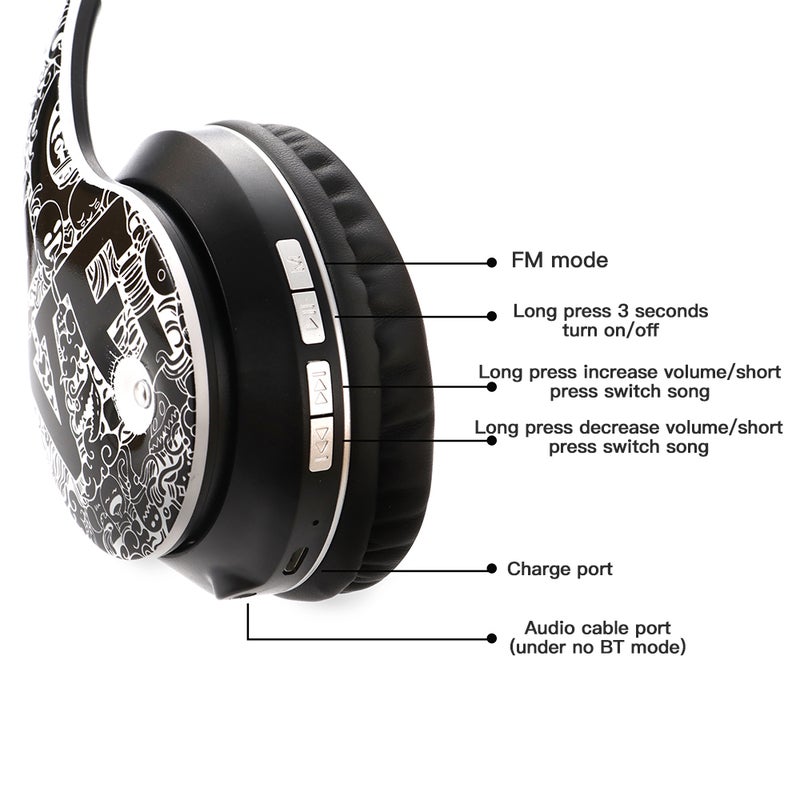 Generic - EL-B1 BT5.0 Wireless Graffiti Folding On-Ear Headphones Black / Red - Image 1