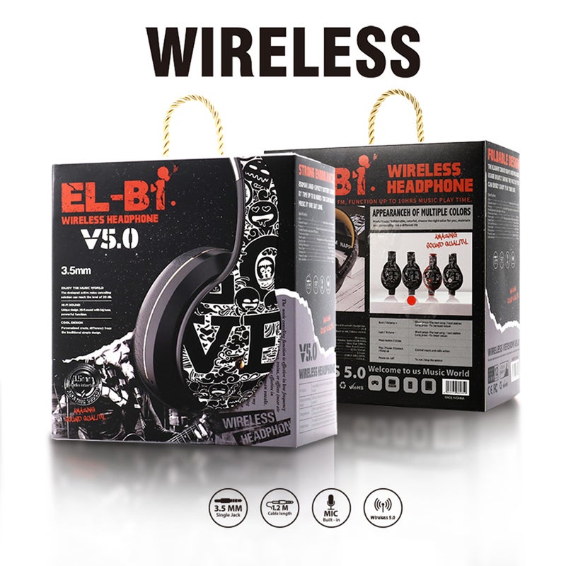 Generic - EL-B1 BT5.0 Wireless Graffiti Folding On-Ear Headphones Black / Red - Image 1