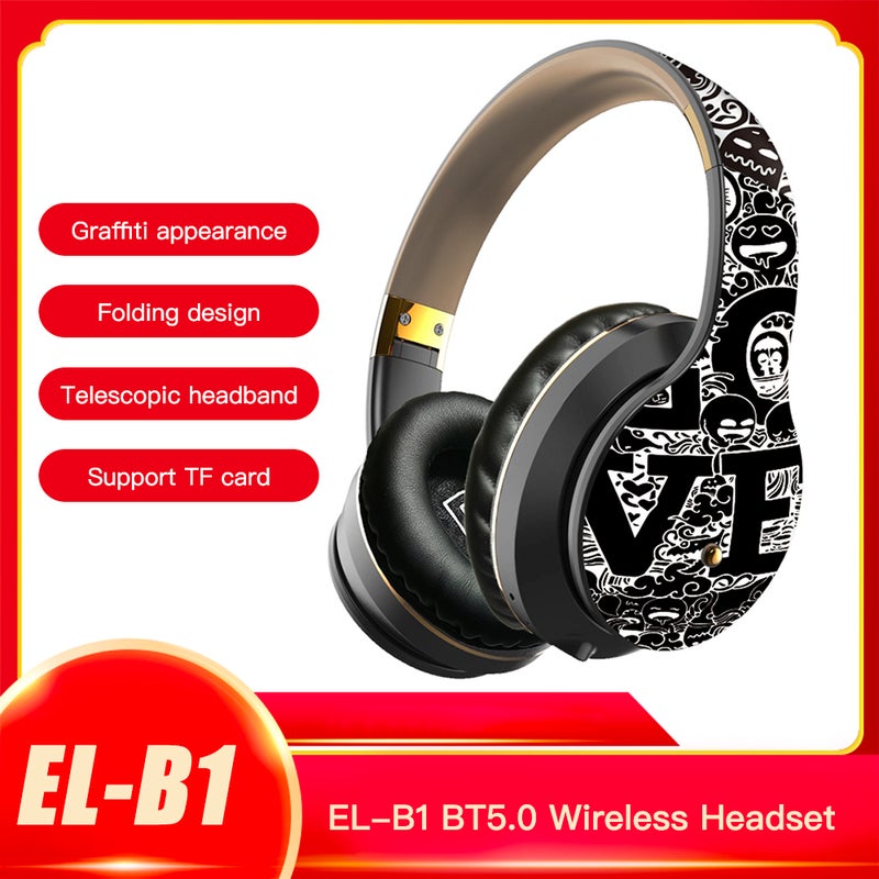 Generic - EL-B1 BT5.0 Wireless Graffiti Folding On-Ear Headphones Black / Gold - Image 1