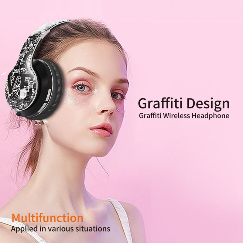 Generic - EL-B1 BT5.0 Wireless Graffiti Folding On-Ear Headphones Black / Gold - Image 1