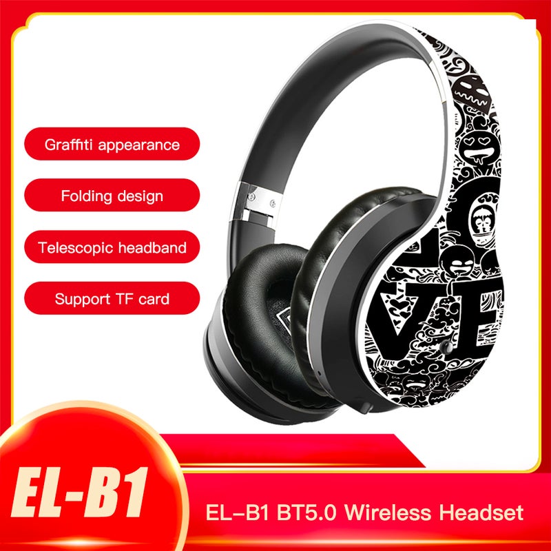 Generic - EL-B1 BT5.0 Wireless Graffiti Folding On-Ear Headphones Black / White - Image 1